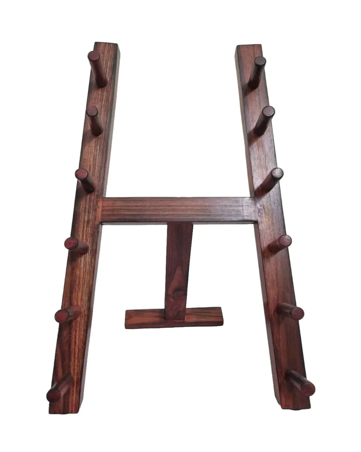 A dark brown Japanese Style Wooden Knife Rack Stand Brown rack with multiple cylindrical pegs on both vertical arms and a small horizontal support at the bottom, shown against a plain white background.
