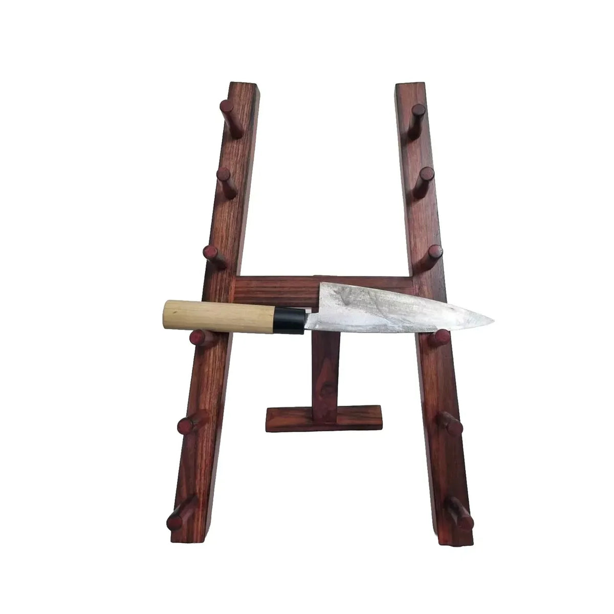 Japanese Style Wooden Knife Rack Stand Brown with a knife on a white background