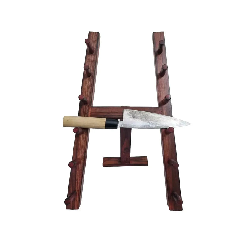 Japanese Style Wooden Knife Rack Stand Brown with a knife on a white background